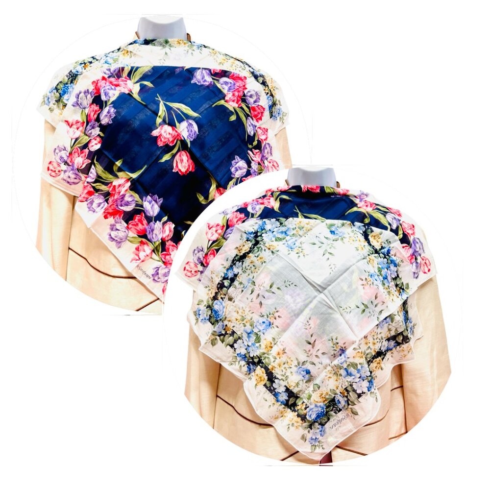 2) New  Beautiful YSL MiniScarf/Handker cotton 19 "  Purple  Pink Floral (59